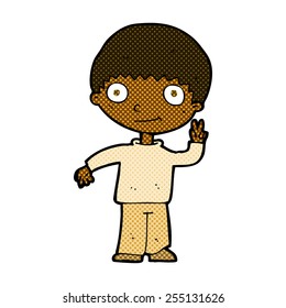 retro comic book style cartoon boy giving peace sign