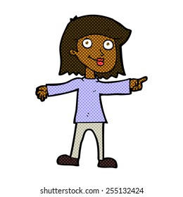 retro comic book style cartoon happy woman pointing