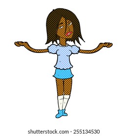 retro comic book style cartoon woman shrugging shoulders