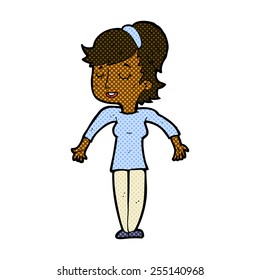 retro comic book style cartoon friendly woman shrugging shoulders