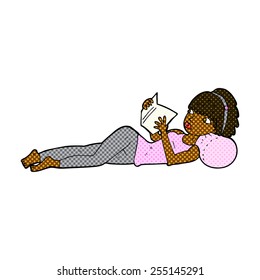 retro comic book style cartoon pretty woman reading book