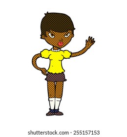 retro comic book style cartoon woman waving