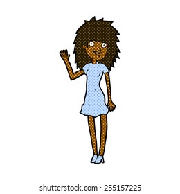 retro comic book style cartoon happy woman waving
