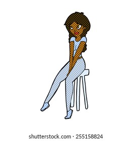 retro comic book style cartoon pretty girl on stool