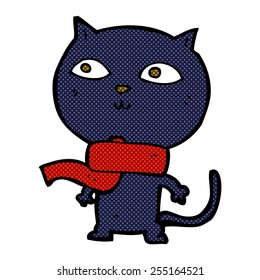retro comic book style cartoon black cat wearing scarf