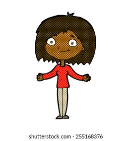 retro comic book style cartoon woman shrugging shoulders