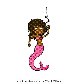 retro comic book style cartoon mermaid and fish hook