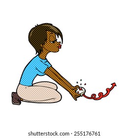 retro comic book style cartoon girl playing computer games