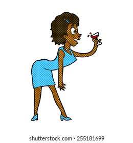 retro comic book style cartoon happy woman with drink