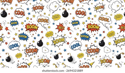 Retro comic book style seamless pattern with explosions, bombs and stars.