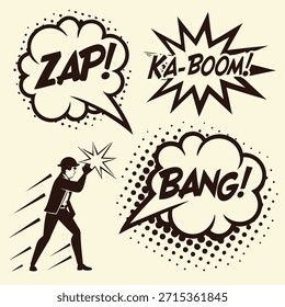Retro estilo quadrinhos efeitos sonoros e silhueta de ação ka-boom bang