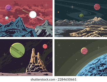 Retro Comic Book Style Space Landscape Backgrounds Set