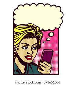 Retro comic book style woman looking at smartphone, texting, reading text message, sms, and thinking with speech bubble vector vintage pop art illustration