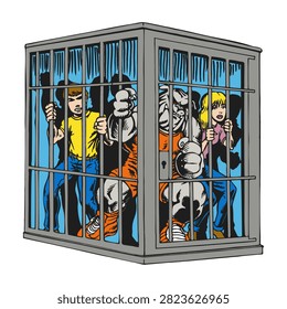Retro comic book vector illustration of cartoon characters trapped inside a metal cage, featuring a boy, a blonde girl, and a muscular bulldog mascot character in an athletic uniform gripping the jail bars. Isolated on a white background, ideal for comic art, storybook illustrations, posters, stickers, and graphic design projects.