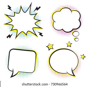 Retro comic bubbles and elements with colorful halftone shadows. Vector illustration, vintage design, pop art style