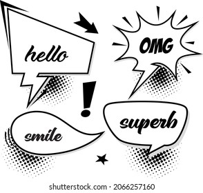 Retro  comic bubbles and elements set with black halftone shadows. Vector illustration, vintage design, pop art style
