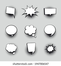 Retro comic bubbles set with halftone shadows on white background. Vector illustration, vintage design, pop art style. Vector illustration