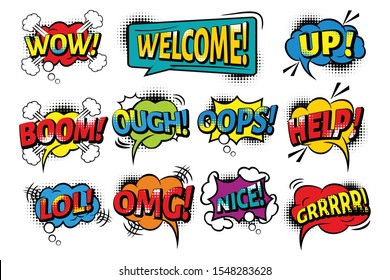 Retro comic bubbles vector set with halftone