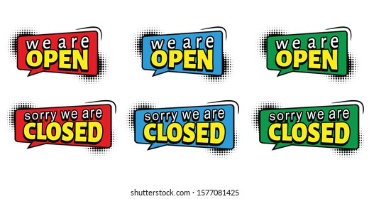Retro comic bubbles vector set with halftone, template for open and closed store