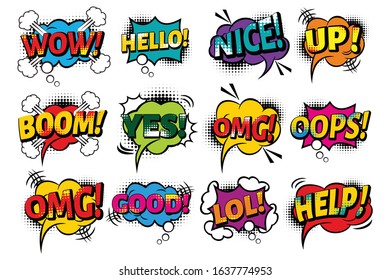 Retro comic bubbles vector set with halftone