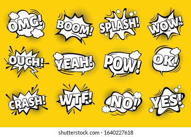 Retro comic bubbles vector set with halftone