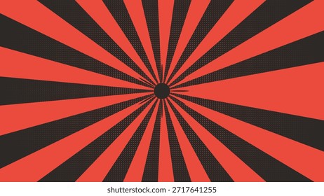 Fondo de ráfaga de cómic retro con rayos rojos y puntos de semitono negro