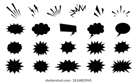 Retro comic burst vector, Boom elements, and speech bubbles in black silhouette style for pop art illustrations