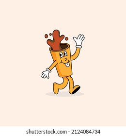 Retro comic cartoon cup of coffee make coffee break. Vector illustration of coffee mascot, character. Funny coffee cup.