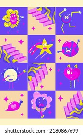 Retro comic character in contemporary style. Modern abstract poster with retro comic character for cover design. Cartoon 90s style. Contemporary design. Funny cartoon smile face