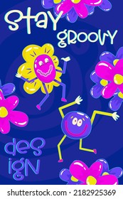 Retro comic character in contemporary style. Modern abstract poster with retro comic character for cover design. Cartoon 90s style. Contemporary design. Funny cartoon smile face