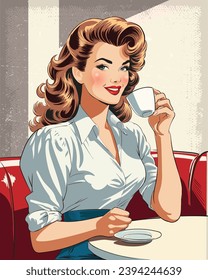 Retro Comic Coffee Delight: Vector Illustration of a Stylish Woman Enjoying a Cup of Coffee