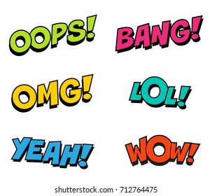 Retro comic colorful expression text LOL, OMG, WOW, YEAH, OOPS, BANG. . Vector illustration, vintage design, pop art style