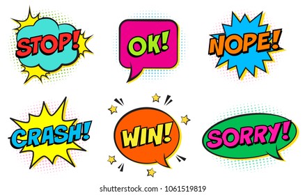 Retro comic colorful speech bubbles set on white background. Expression text STOP, OK, NOPE, CRASH, WIN, SORRY. Vector illustration, pop art style.