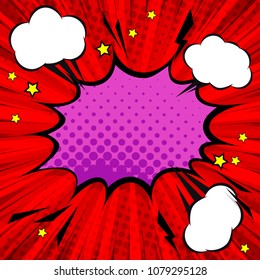 Retro comic design speech bubbles on red background. Halftone modern print texture. Flash explosion with clouds, lightning, stars. Pop art style vector elements.