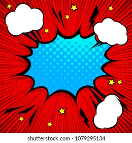 Retro comic design speech bubbles on red background. Halftone modern print texture. Flash explosion with clouds, lightning, stars. Pop art style vector elements.