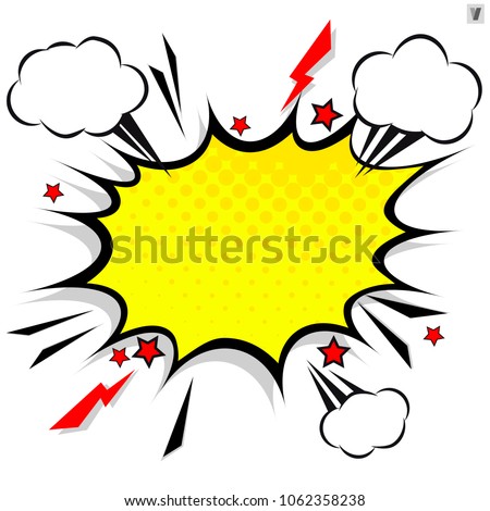 Retro comic design speech bubbles. Flash explosion with clouds, lightning, stars. Pop art vector elements.