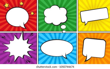 Retro comic empty speech bubbles set on colorful background. Vector illustration, vintage design, pop art style.