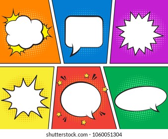 Retro comic empty speech bubbles set on colorful background. Vector illustration, vintage design, pop art style.