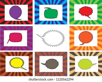 Retro comic empty speech bubbles set on colorful background. Vector illustration, vintage design, pop art style

