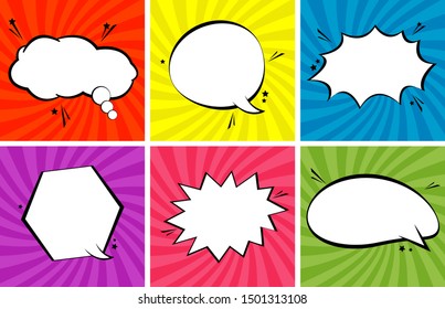 Retro comic empty speech bubbles set on colorful background. Vector illustration, vintage design, pop art style