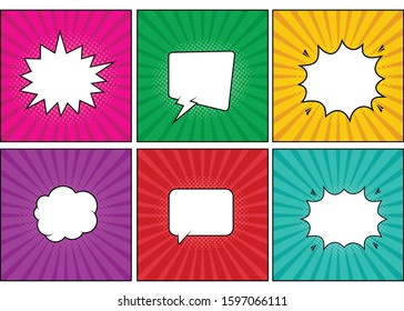 Retro comic empty speech bubbles set on colorful background. with Halftone Dot Background in Pop Art Style, Vector illustration,