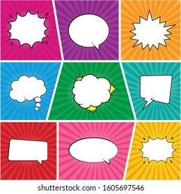 Retro comic empty speech bubbles set on colorful background. with Halftone Dot Background in Pop Art Style, Vector illustration,