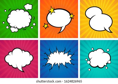 Retro comic empty speech bubbles set on colorful background. Vector illustration, vintage design, pop art style