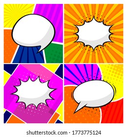 Retro comic empty speech bubbles set on colorful background. Vector illustration, vintage design, pop art style