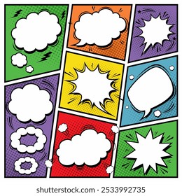 Retro Comic Empty Speech Bubbles Set on Colorful Background. Vector Illustration, Vintage Design