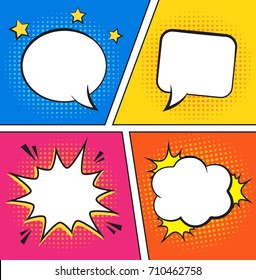 Retro comic empty speech bubbles set on colorful halftone pattern. Vector illustration, vintage design, pop art style.