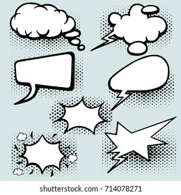Retro comic empty speech bubbles and elements with black halftone shadows. Vector illustration, vintage design, pop art style. isolated on a blue background

