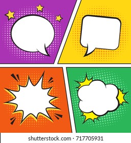 Retro comic empty speech bubbles set on colorful background. Vector illustration, vintage comic design, pop art style.