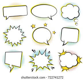 Retro comic empty speech bubbles and elements set with colorful halftone shadows. Vector illustration, vintage design, pop art comic bubbles style.