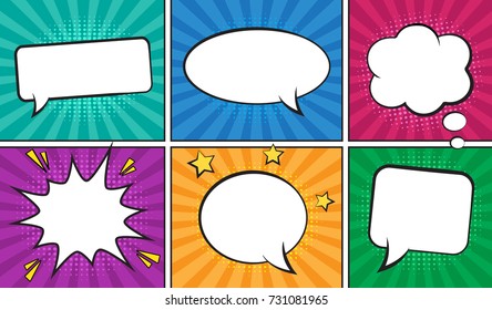 Retro comic empty speech bubbles set on colorful background. Vector illustration, vintage design, pop art style.